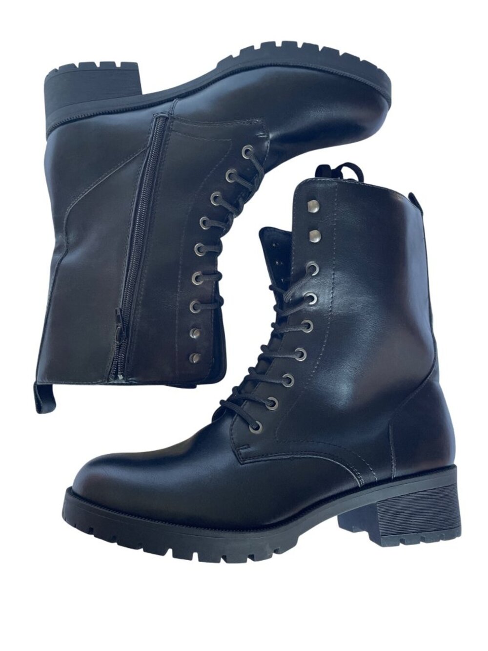 Womens Black Combat Boots Size 12 With Side Zipper & Lace-Up Design